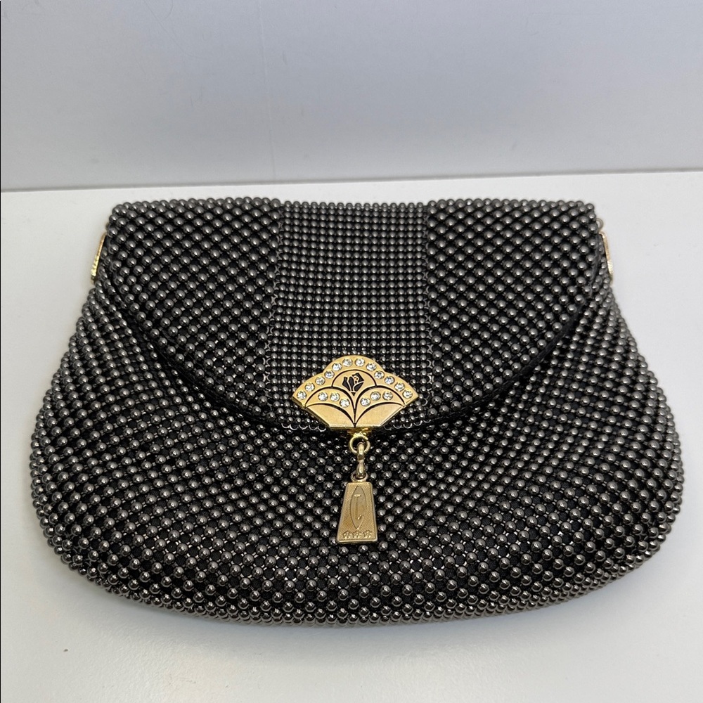 Black Beaded Evening Clutch with Gold-Tone Accent
